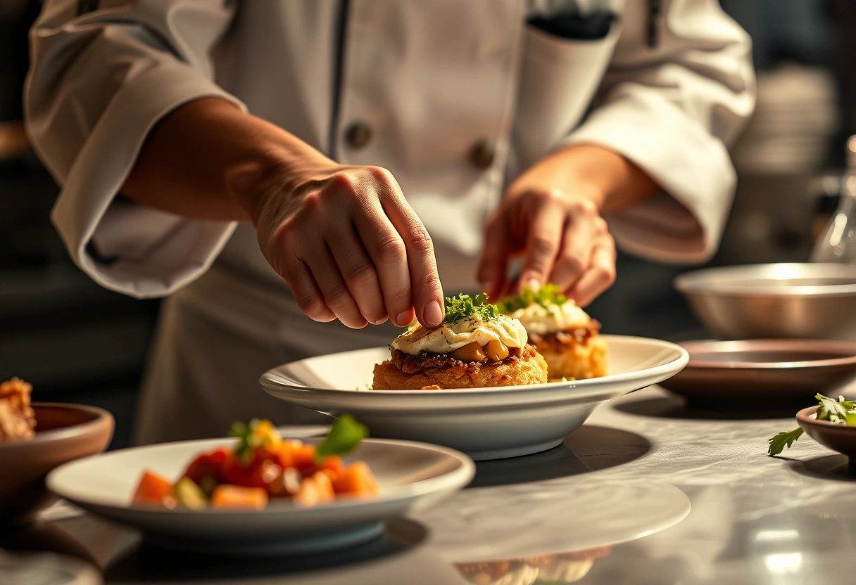 Chef artfully plating a tapas dish