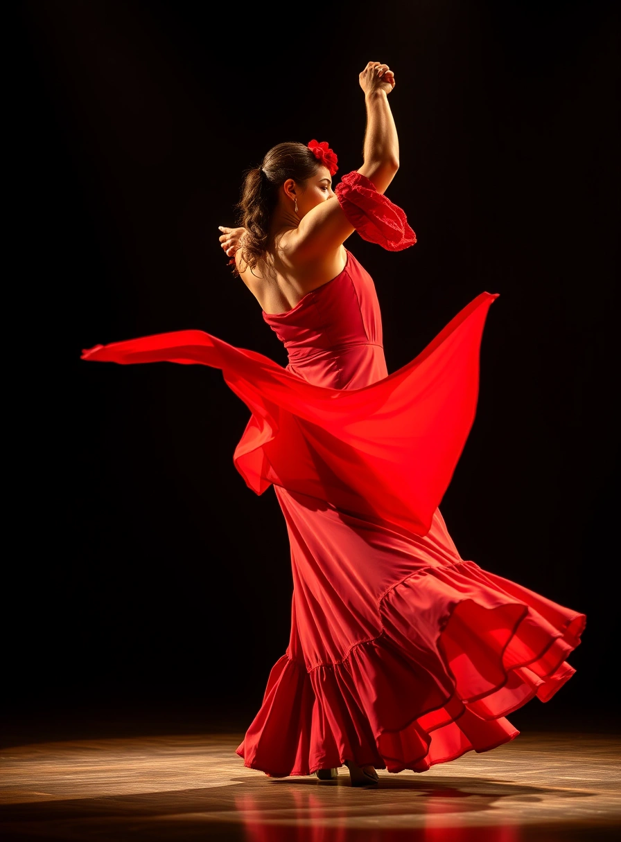 Flamenco dancer performing under warm spotlight