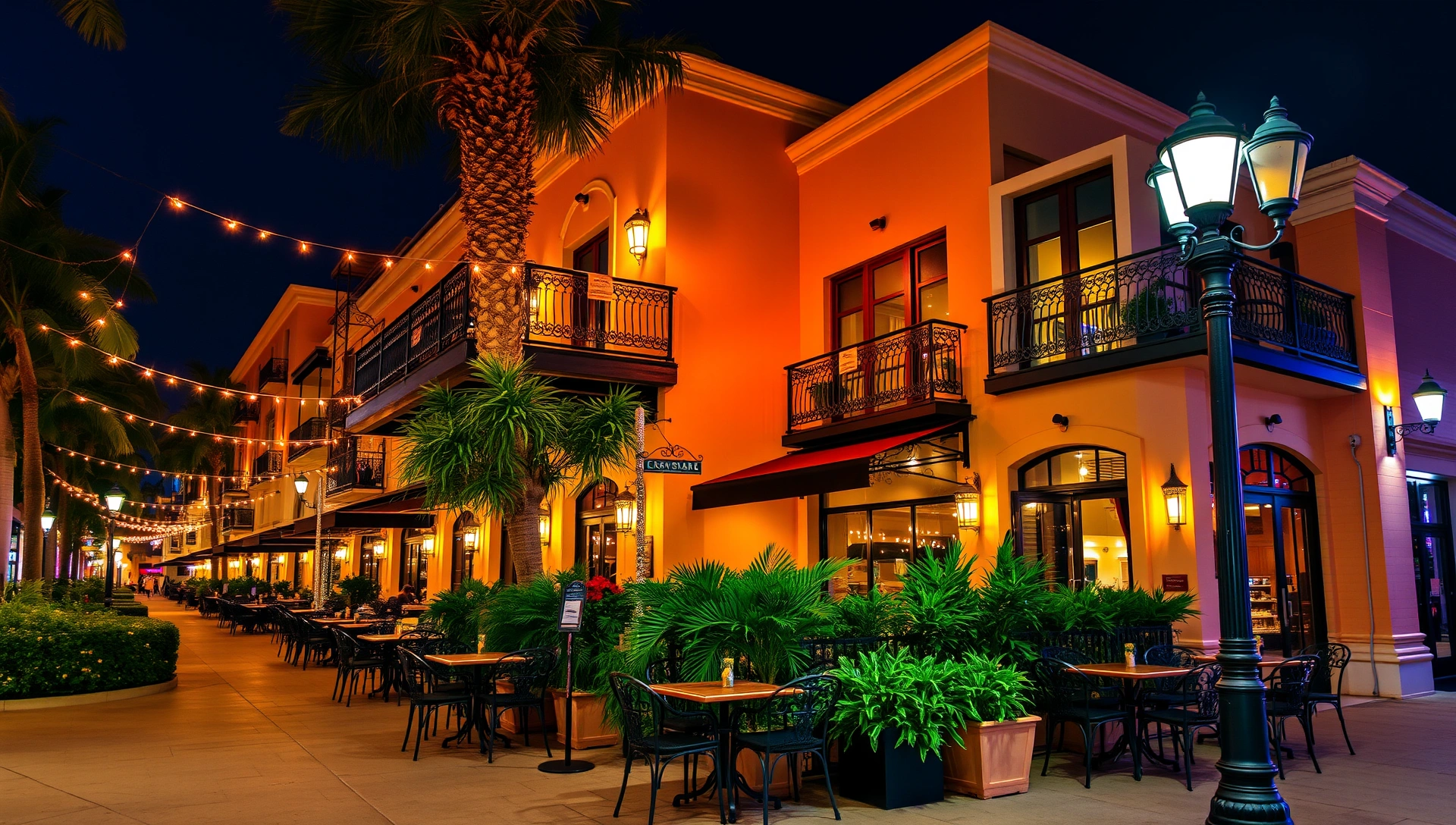 Evening scene on Espanola Way with glowing string lights and warm Mediterranean architecture
