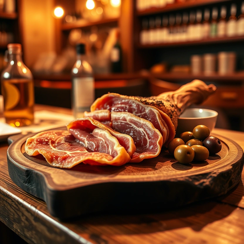Hand-carved jamon iberico with manchego and olives