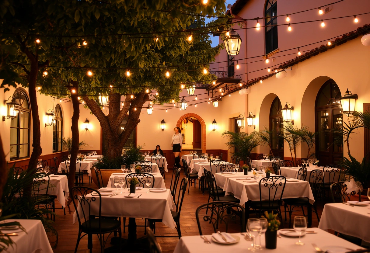 Outdoor patio dining under string lights on Espanola Way