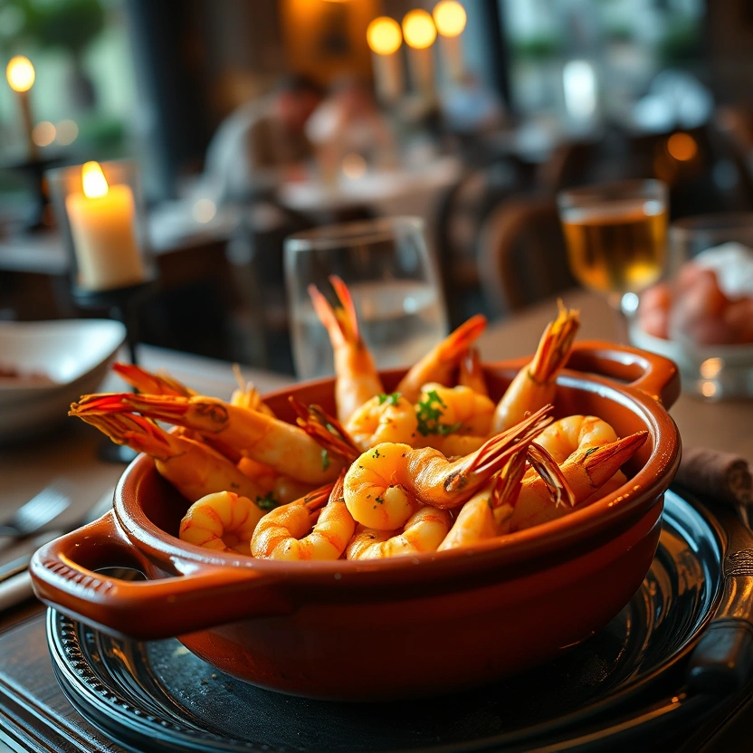 Sizzling gambas al ajillo in terracotta cazuela