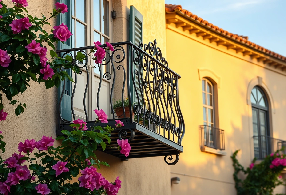 Wrought iron balcony detail with bougainvillea